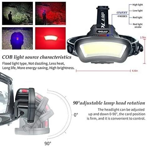 DARKBEAM Lampe Frontale LED COB Rechargeable 2000 Lumens – Étanche IPX4 Avec Lumière Rouge – Phare De Travail 7-14h D'Autonomie