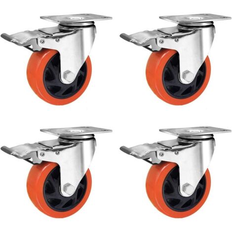 Roulettes pivotantes avec freins, 4 pouces 100 mm 550 kg roulettes robustes roulettes de chariot en caoutchouc (lot de 4) (1/5)