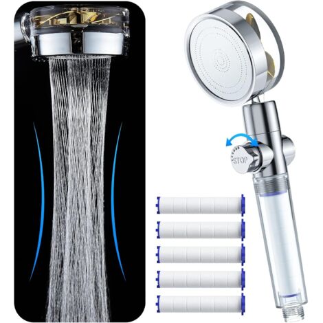Pomme de douche économisant l'eau et la saleté, pomme de douche à hélice haute pression tournant à 360° avec 5 tampons PP remplaçables (1/5)