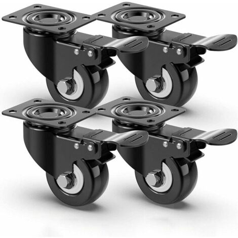 4 roulettes pivotantes silencieuses 50mm, Roulettes pour meubles avec frein, roulette charge lourde Capacité de charge de 400kg, roulettes de transport de meuble palette (noir) (1/5)