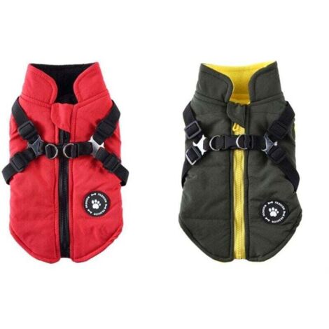 (L) Rouge + Vert Manteau Chien Veste avec Harnais pour Petits et Moyens Chiens , XU,imperméable Manteau Chien Veste Chaud rembourré Puffer Chien Chien vêtements Chiot Manteau de Chien - KZQ