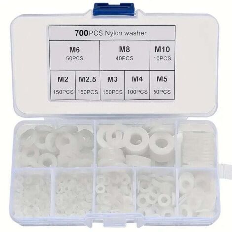 700 Pièces Blanc Nylon Rondelles Plastique, XU, Isolation Rond Rondelle plate Assortiment Kit, M2 M2.5 M3 M4 M5 M6 M8 M10 Rondelle pour Mécanique - KZQ