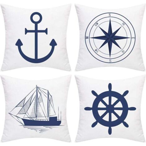 Pack de de 4 housses de coussin nautiques - Motif ancre marine , XU,- Navigation - Boussole - 45 x 45 cm - Style marin - Blanc et bleu - KZQ (1/4)