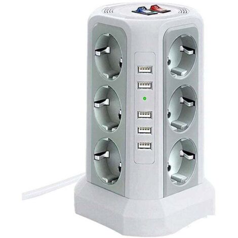 Tour multiprise parafoudre et surtension, XU, Multiprise Electrique avec 5 Ports USB et 12 Prises, Multiprise avec et 3 Interrupteurs, Blanc - KZQ