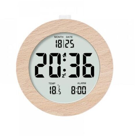 rond Réveil numérique en bois, réveil matinal, horloge numérique LCD avec affichage de la date, de la température, de la répétition, du rétroéclairage, horloge numérique alimentée par batterie (1/5)
