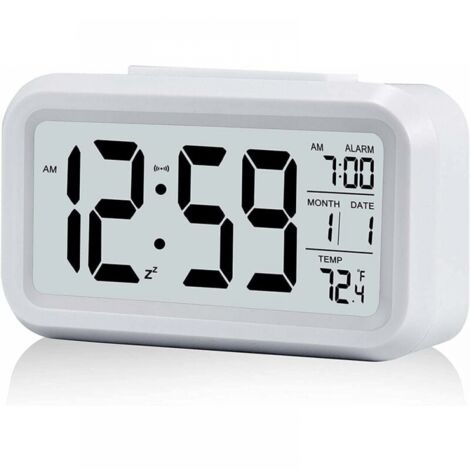 1pc Blanc Réveil Digital Réveil Matin, Horloge Numérique Réveil à Pile Silencieux pour Enfants Adultes Grand écran LED Température Calendrier