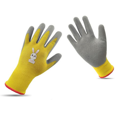 Gants de Jardinage pour Enfants en Polyester et Mousse de Latex Résistants à la Déchirure Sécuritaires Sans Odeur Modèle Lapin Jaune avec Bordure Rouge Taille 8-10 Ans - KZQ