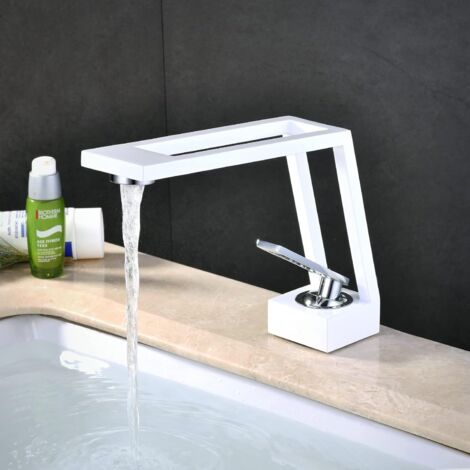 Robinet de Salle de Bain Blanc et Chrome pour 1 Trou, Design Contemporain Créatif, Poignée à Levier Unique, Mélangeur Lave-Mains en Laiton Massif, Montage Moderne sur Pont - AUTRES