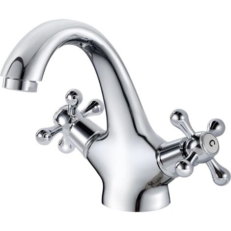 Robinet de Lavabo Rétro Double Poignée, Mitigeur pour Évier Salle de Bain, Eau Chaude et Froide, Chromé avec Tuyaux Extra Longs 2x60 cm Inclus - AUTRES (1/4)