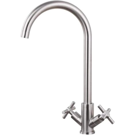 Robinets de Cuisine en Acier Inoxydable Brossé, Double Poignée Rotative 360°, Mélangeur Lavabo Eau Chaude et Froide, Sans Plomb-AUTRES (1/4)