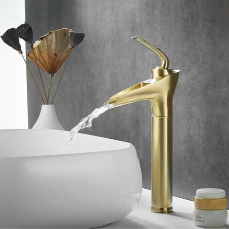 Robinet Salle de Bain Cascade Or Brossé Laiton Massif Rétro Mitigeur Évier Chaude Froide Réglable Valve Céramique Tuyaux Inclus-AUTRES (1/5)
