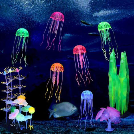 Ensemble de 6 Décorations Lumineuses pour Aquarium Plantes et Coraux en Silicone Anémones Luminaires Algues Méduses Fougères Corail Autres (1/5)