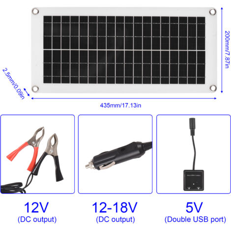 Panneau Solaire 20W Polycristallin Kit Étanche IP6 12V Double USB Contrôleur 300W 40A PWM avec Pinces Crocodile Ventouses Chargeur Voiture pour Bateau RV Téléphone Batterie (1/2)