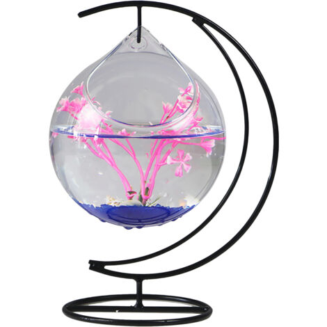 Aquarium Poisson Rouge en Verre Transparent Suspension Fer Artisanal Décoratif avec Support 12.525cm