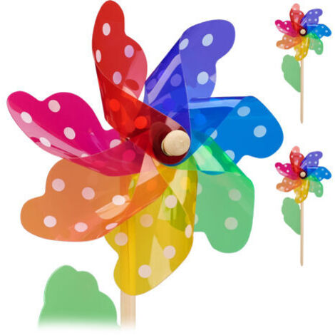Ensemble de 4 moulins à vent Relaxdays, motif pointillé et feuille décorative, pour jardin, balcon & terrasse, bois/PP, coloré (1/5)