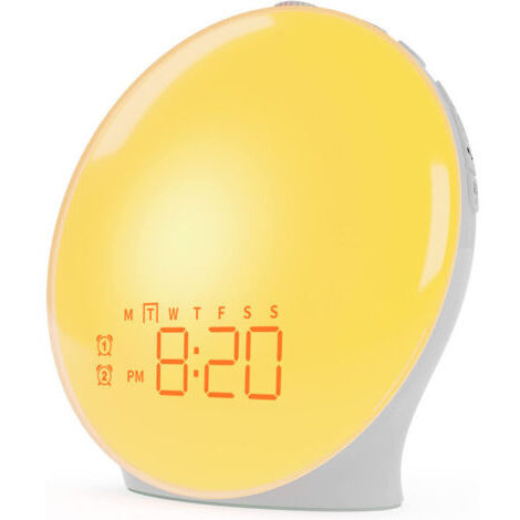 Lampe de chevet LED avec simulateur d'aube et de crépuscule, 20 niveaux de luminosité, 2 alarmes, 7 sons naturels, fonction veilleuse, 18 couleurs (1/5)