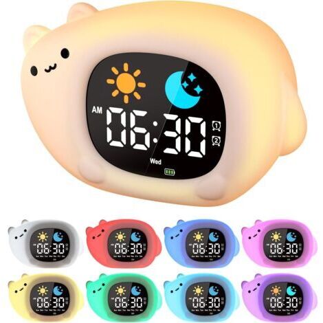 Réveil jour/nuit pour enfants - Forme de chat - 2 alarmes, 3 niveaux répétition, 10 mélodies, 7 couleurs lumineuses, réglage luminosité (1/5)