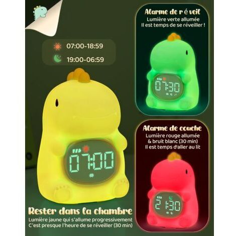 Réveil Numérique Dinosaure, Veilleuse, 2 Alarmes, Contrôle Vocal, 6 Sonneries, Batterie 1500 MAh – Vert/rose/bleu