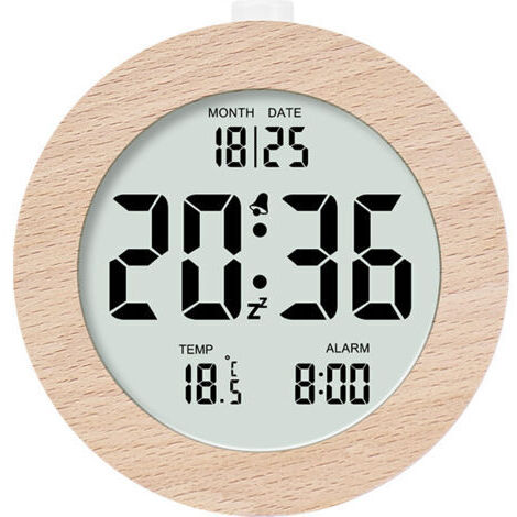 Réveil Digital en Bois LCD, Fonction Snooze, Affichage Date et Température, Éclairage Arrière - Fonctionne avec 3 Piles AAA (non incluses) (1/4)