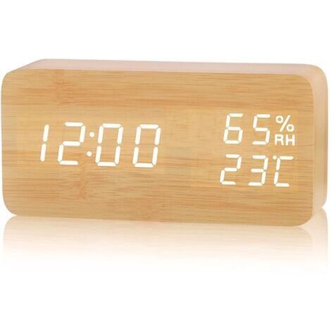 Réveil LED en bois digital avec 3 alarmes, affichage heure/température/humidité, fonction 12/24h, alimentation USB (1/5)
