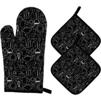 Gants de Four et Maniques Cuisine Résistant à la Chaleur Gants de Four eCoton Gants de Cuisson à Poignets Longs pour Griller, Cuisiner, Cuire, Micro-Ondes 3 Pièces (Noir)