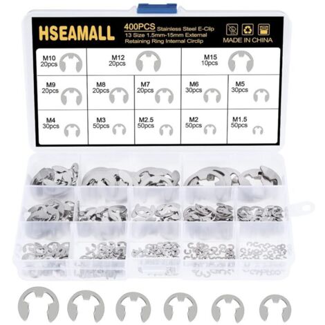 [JAMAIS UTILISÉ] 400PCS 13Size En Acier Inoxydable E-Clip Anneau De Retenue Externe Snap Kit De Assortiment Anneau Anneau De Circlips Interne 1.5 / 2 / 2.5 / 3/4/5/6/7/8/9/10/12 / 15mm Avec Boîte En P (1/5)
