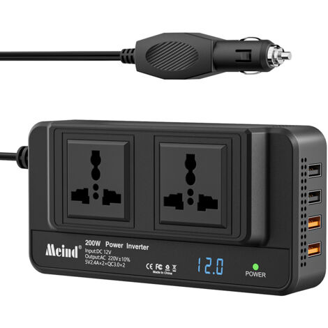 Onduleur Voiture 200W – Convertisseur 12V Vers 230V, 2 Prises + 4 Ports USB Rapide
