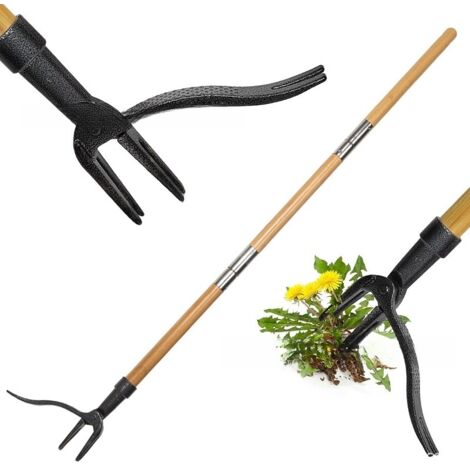 [JAMAIS UTILISÉ] Désherbeur, manche de 1,1 m de long, outil d'élimination des pissenlits, manche en bambou naturel et 4 griffes, désherbeur de jardin debout, adapté aux animaux (1/5)