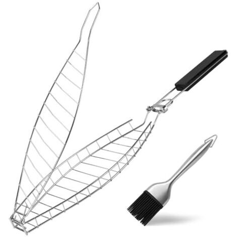 [JAMAIS UTILISÉ] Support pour grille à poisson avec brosse à huile, pince à poisson pour griller, grille à poisson en acier inoxydable avec poignée amovible pour poisson grillé, steak, filets de poiss (1/5)
