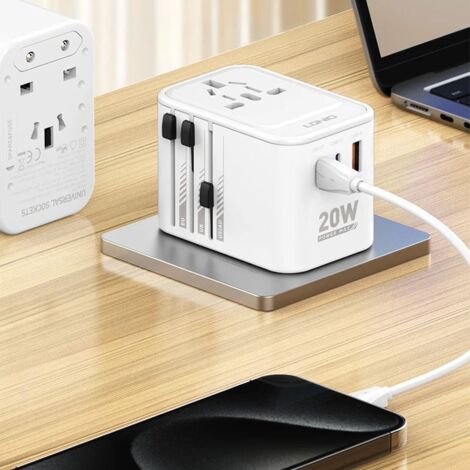 Adaptateur De Voyage Universel Mondial Avec Chargeur PD20W - 2 USB + 1 USB-C + 1 Prise AC