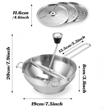 Moulin à aliments 24cm en acier inoxydable avec 3 disques Moulin à aliments 24cm en acier inoxydable avec 3 disques