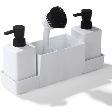 Distributeur Liquide Vaisselle, Distributeur De Savon De Cuisine,Organisateur Evier,Distributeur Gel Douche,avec Set d'Éponges,Flacon Distributeur,Brosse pour Évier,Cuisine Et Salle De Bain (Blanc)