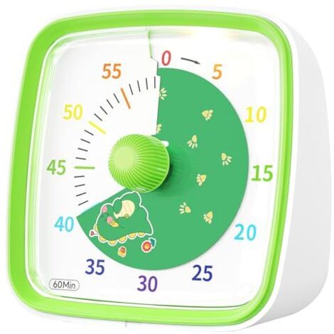 Minuteur visuel avec veilleuse, compte à rebours dinosaure de 60 minutes pour enfants et adultes, outil de gestion du temps pour la maison, l'école, la cuisine ou le bureau (vert) (1/5)