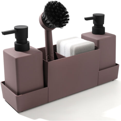 Distributeur Liquide Vaisselle, Distributeur De Savon De Cuisine,Organisateur Evier,Distributeur Gel Douche,avec Set d'Éponges,Flacon Distributeur,Brosse pour Évier,Cuisine Et Salle De Bain (Brun roug