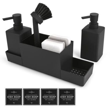 Distributeur Liquide Vaisselle, Distributeur De Savon De Cuisine,Organisateur Evier,Distributeur Gel Douche,avec Set d'Éponges,Flacon Distributeur,Brosse pour Évier,Cuisine Et Salle De Bain (Noir)