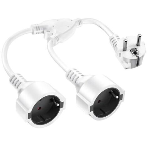 Fiche double pour prise, fiche double 16A/250V/Max, rallonge courte avec adaptateur prise Schuko 2 voies, fiche double Schuko pour cuisine, bureau, maison, blanc (1/5)