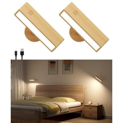 [JAMAIS UTILISÉ] Lot de 2 Applique Murale Intérieure Bois,Lampe Murale Sans Fil Rechargeable USB,Réglage de La Luminosité Applique Murale Sans Fil Chambre,Lampe de Chevet Tactile
