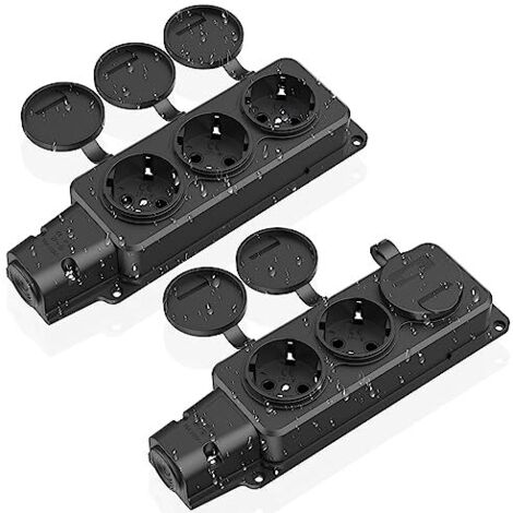 Multiprise à 3 voies, 2 prises extérieures étanches IP54, prises de sécurité avec couvercles à charnières, multiprise pour usage extérieur, 230 V/16 A max. 3500 W, prise extérieure, noire