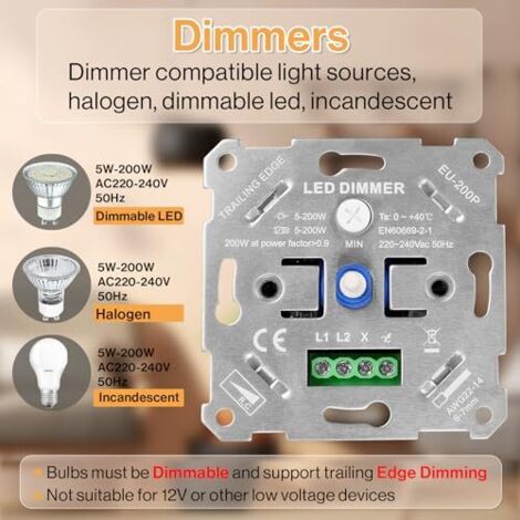 Variateur LED Encastrable Booso - 5-300W, 220-240V, Pour LED Et Halogène Dimmable, Blanc - 2