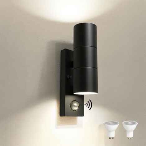 Applique murale extérieure LED en acier inoxydable avec détecteur de mouvement PIR réglable et interrupteur crépusculaire, étanche IP54, éclairage vers le haut/vers le bas, 230 V, incluant 2 ampoules