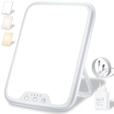 Lampe de luminothérapie 10 000 lux contre la dépression, lampe de lumière du jour avec 3 températures de couleur, luminosité réglable, 4 réglages de minuterie, technologie LED pour un effet positif.