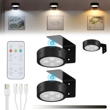 Lot de 3 lampes LED sans fil pour tableaux, rechargeables par USB, éclairage doré pour cadres photo avec télécommande, 3 températures de couleur, lampe à fléchettes à intensité variable, aimantée avec