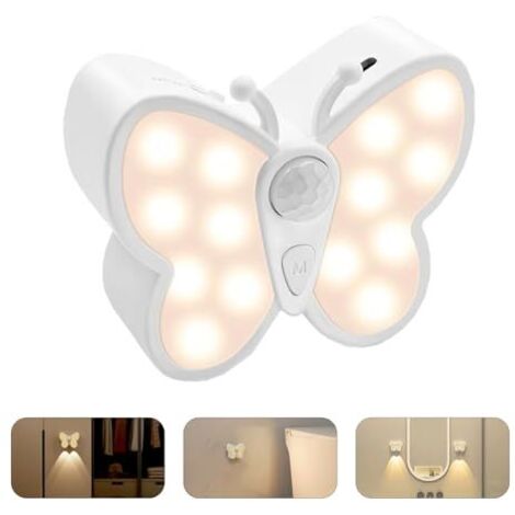 [JAMAIS UTILISÉ] Veilleuse avec détecteur de mouvement, lampe de nuit LED papillon avec spot intégré, rechargeable par USB, intensité variable, éclairage pour placard, escalier, couloir, salle de bain
