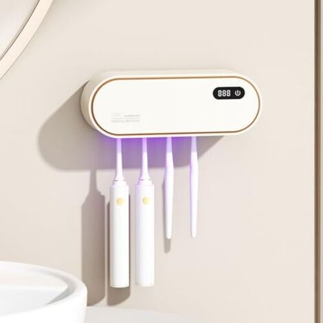 [JAMAIS UTILISÉ] Porte-brosse à dents mural avec stérilisateur UV, fixation sans perçage, fonction séchage et minuterie, batterie rechargeable 1800 mAh, accessoire de salle de bain 4 emplacements pour (1/5)