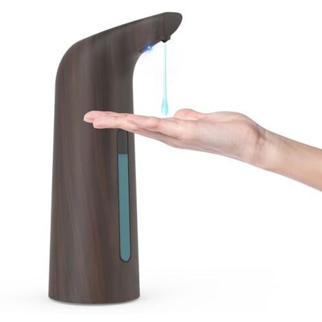 Distributeur de savon automatique sans contact avec 4 réglages ajustables, distributeur de savon liquide électrique de comptoir de 400 ml fonctionnant sur piles avec capteur infrarouge (aspect bois fo