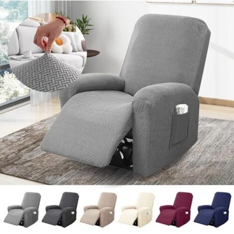 Housse de fauteuil 1 place, housse extensible avec poches, protection intégrale en jacquard rayé pour fauteuils TV et relax (gris clair, ensemble de 4 pièces)