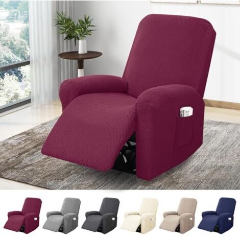 Housse de fauteuil 1 place, housse extensible avec poches, protection intégrale en jacquard rayé pour fauteuils TV et relax (bordeaux, ensemble de 4 pièces)