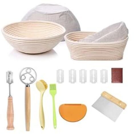 [JAMAIS UTILISÉ] Ensemble de paniers de fermentation pour le levain, comprenant des paniers ronds et ovales en rotin 100 % naturel, un gressin, un pinceau à pâte, une spatule et une brosse. Kit pour l