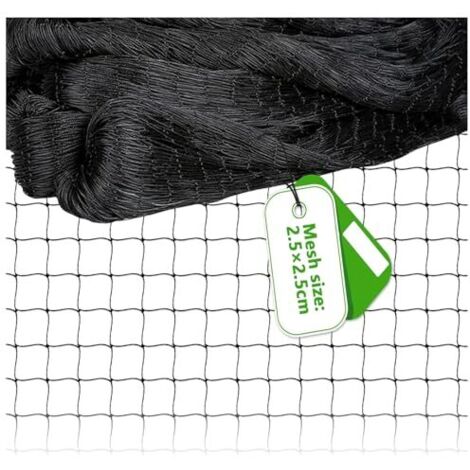 Filet de protection contre les oiseaux 15 m x 15 m, filet anti-oiseaux noir, filet de protection résistant aux déchirures pour poulaillers (maille de 2,5 x 2,5 cm, grands trous)