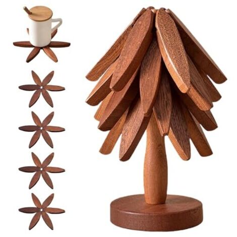 Ensemble de 4 dessous de plat en bois en forme de sapin, pliables et munis d'un support, anti-brûlure et antidérapants, pour théières, casseroles, poêles